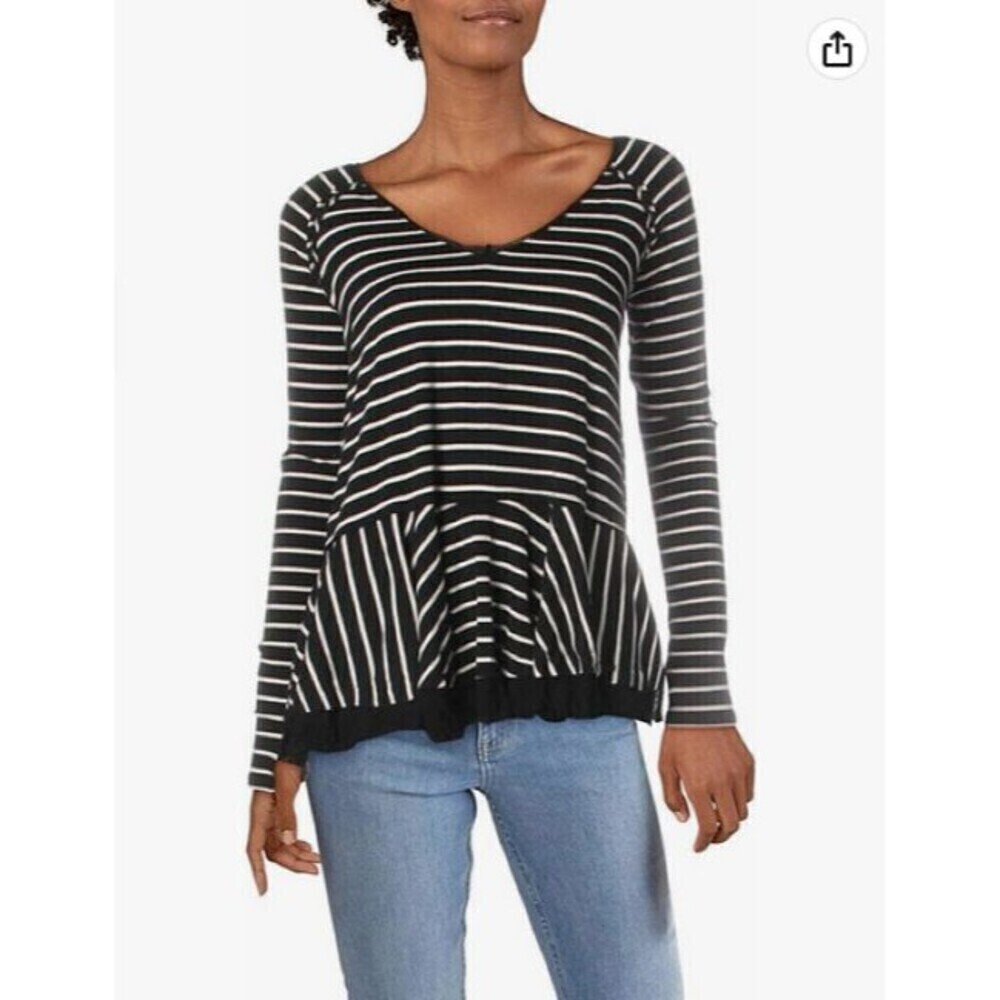 Free People We The Free Tangerine Black and White Striped Peplum‎ Top Size Small